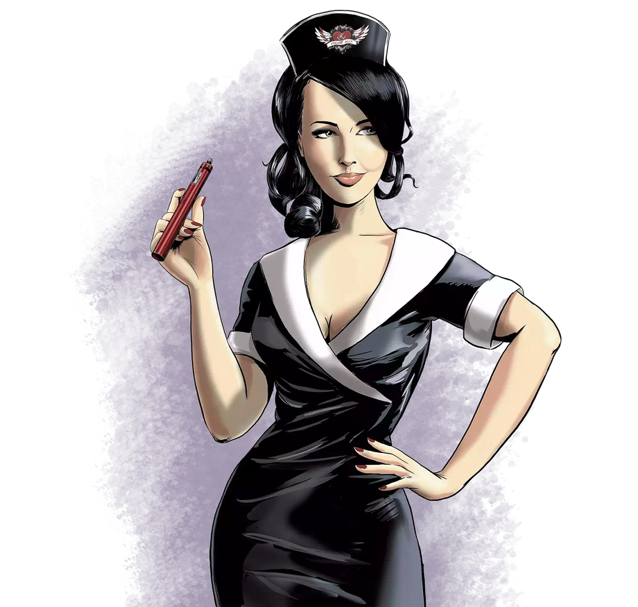Marco Kirchbach's Kooky Arts | Freaky Ally | Maskottchen-Entwicklung | Pin-Up mit einer E-Zigarette in der Hand in einer schwarz/weißen Krankenschwester-Uniform