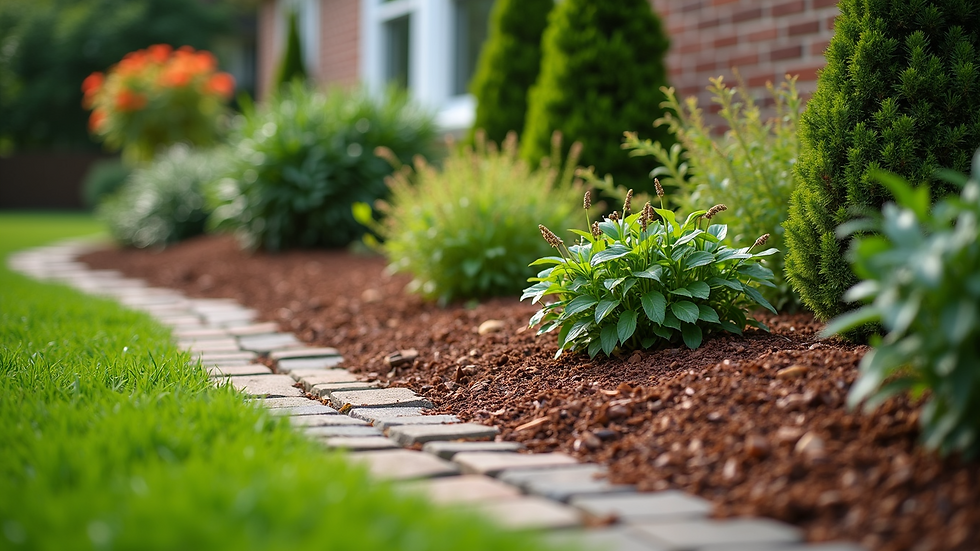 High angle view of a newly landscaped yard with fresh mulch and plants