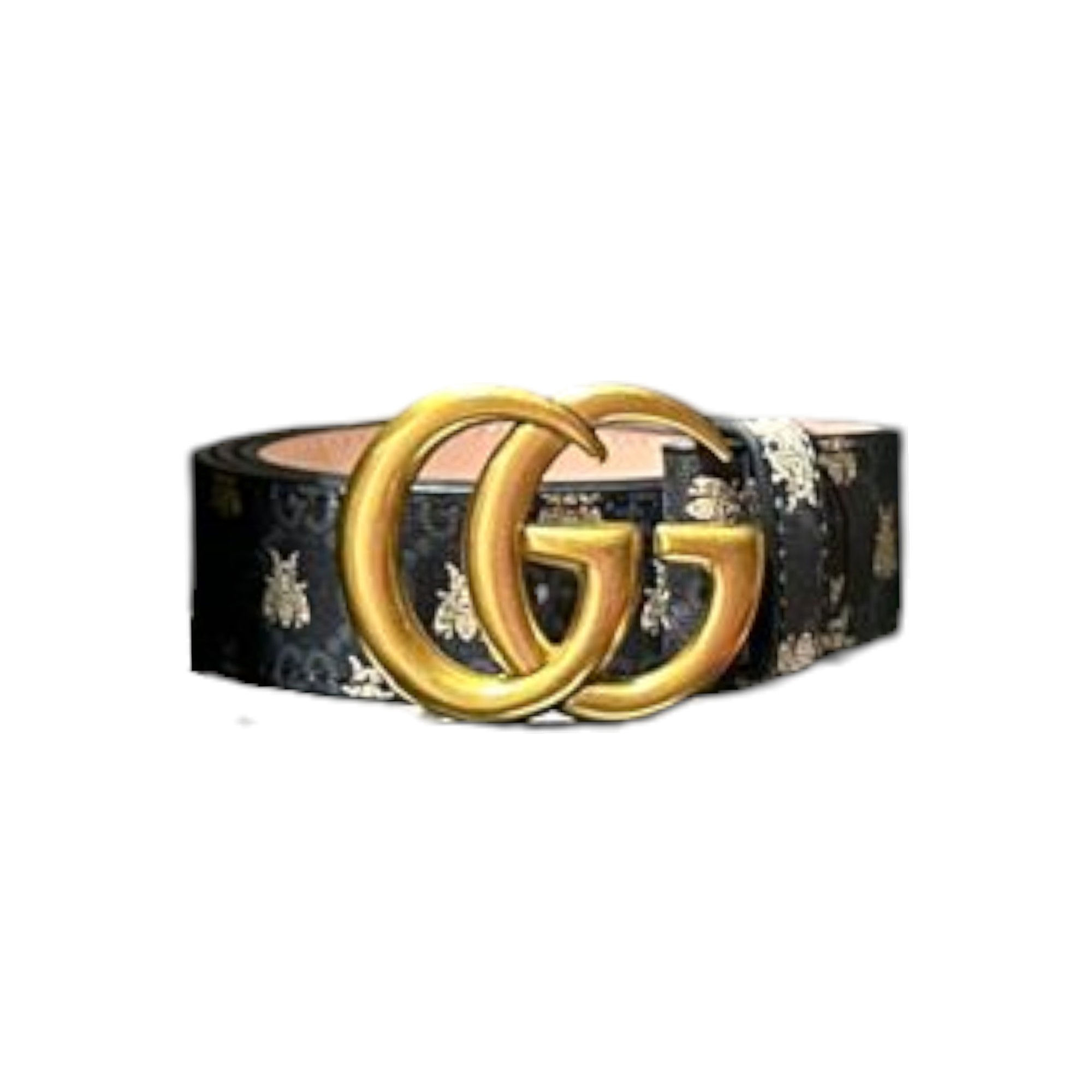 Cinturón Negro con Hebilla Dorada Doble G y Diseño de Abejas