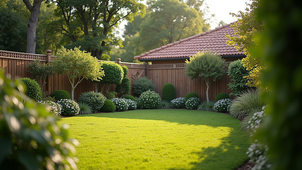 High angle view of a beautifully landscaped yard with elegant fencing