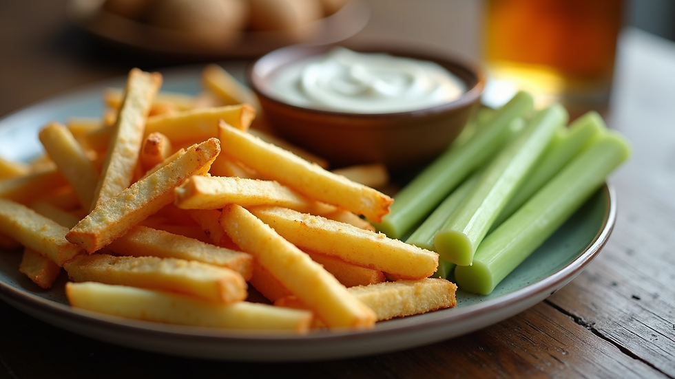Eye-level view of a plate with crispy fries and celery sticks next to a bowl of ranch dip