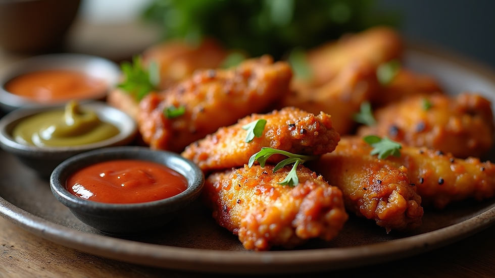 Eye-level view of a platter with wings in various signature sauces