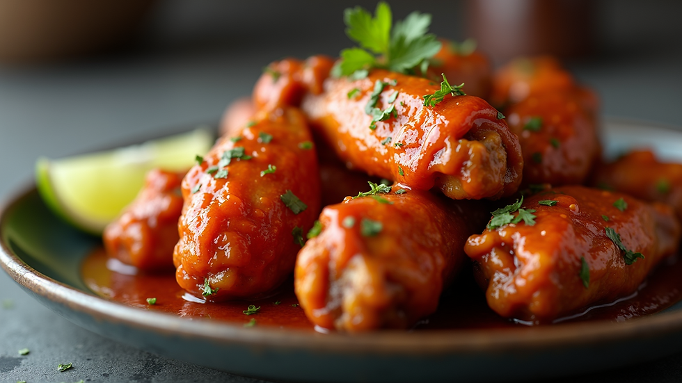 Close-up view of a plate of wings coated in a rich, spicy sauce