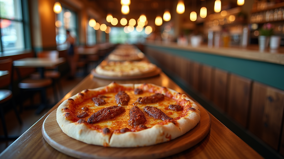 High angle view of a lively restaurant interior with wings and pizza on tables