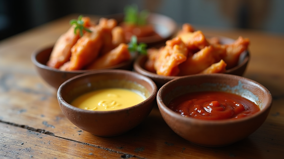Eye-level view of a wooden table with multiple bowls of different wing sauces and crispy chicken wings