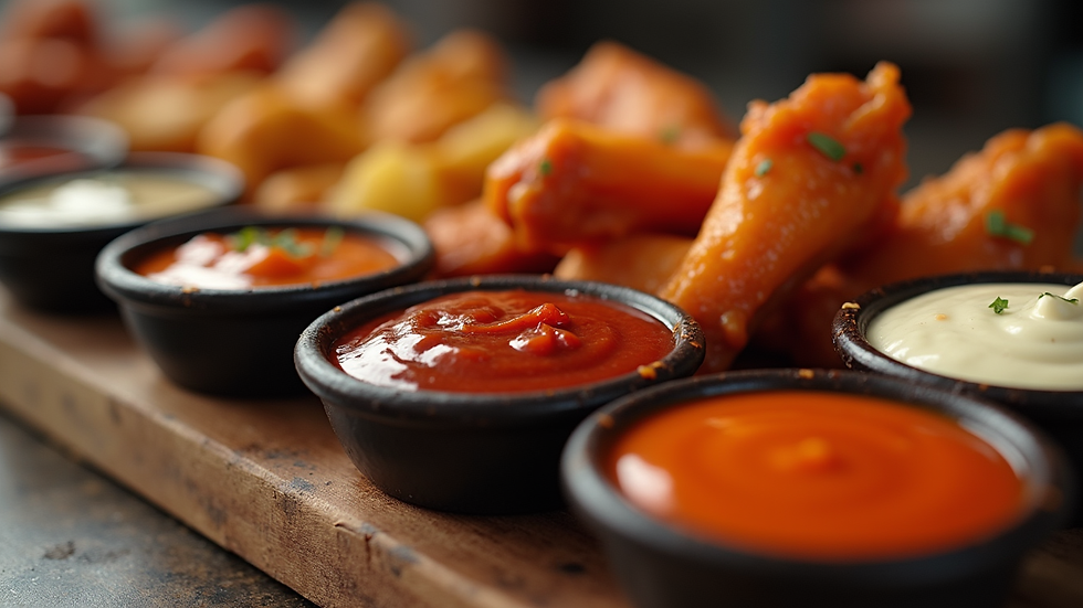Eye-level view of a variety of wing sauces in small bowls ready for dipping