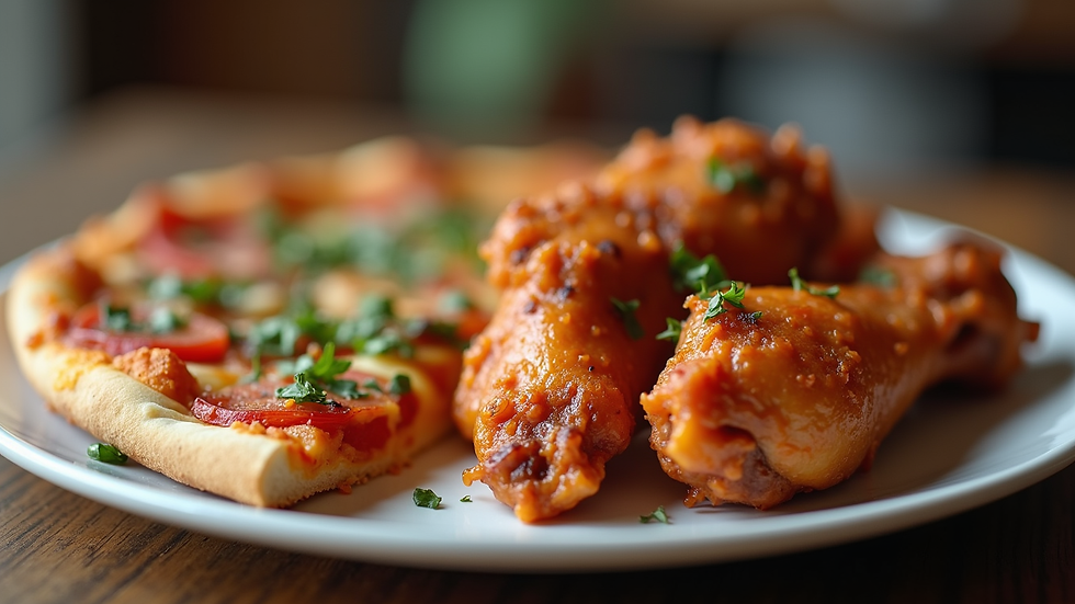 Eye-level view of a plate with crispy wings and a slice of veggie pizza
