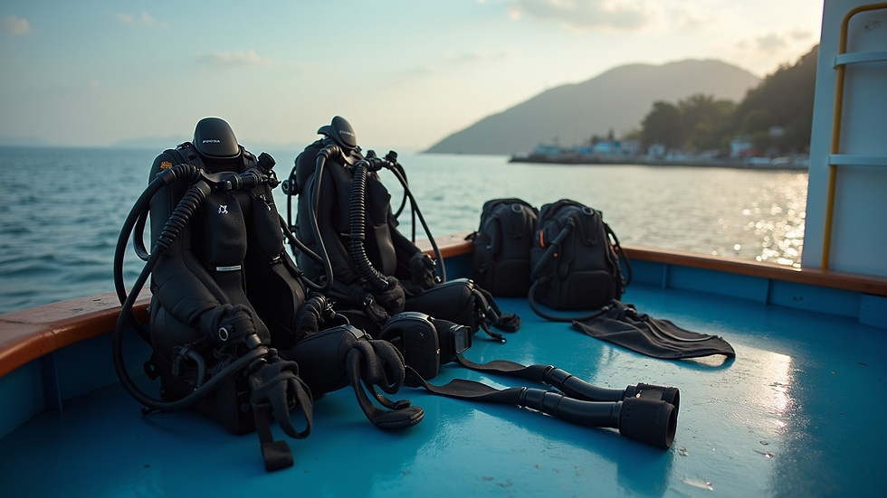 Eye-level view of scuba diving gear laid out on a boat deck
