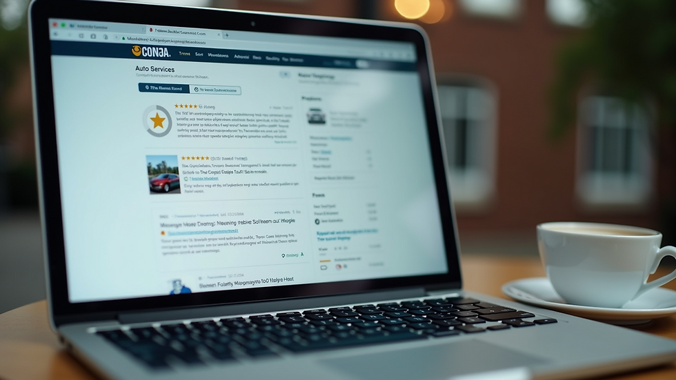 Close-up of a laptop displaying customer reviews of auto services