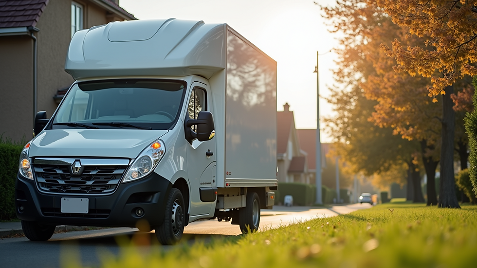 Eye-level view of a clean service van parked in a residential area