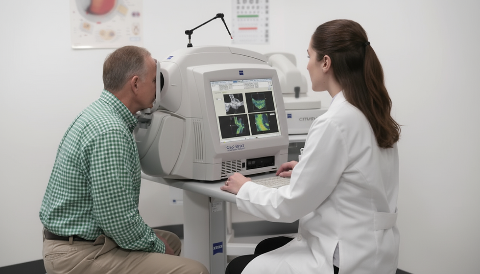 Male over 60 getting Optical Coherence Tomography OCT scan by optometrist