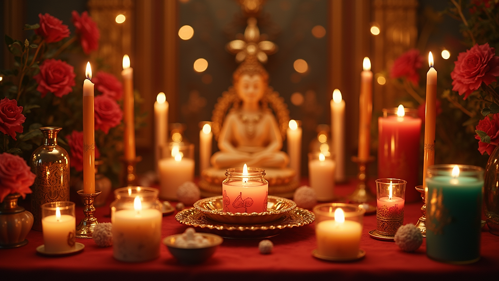 Close-up view of a vibrant altar adorned with candles and spiritual symbols