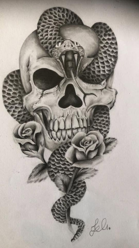 Skull with roses and snake design.