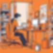 an orange themed image of a person in a room with a desktop computer, smart phone, and tab