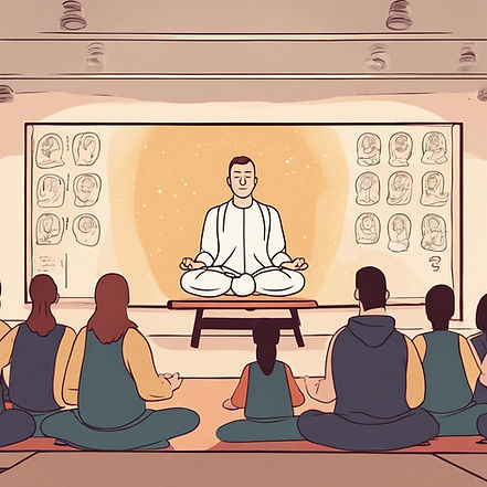 image of a meditation teacher at the front of the room with a screen behind him teaching a