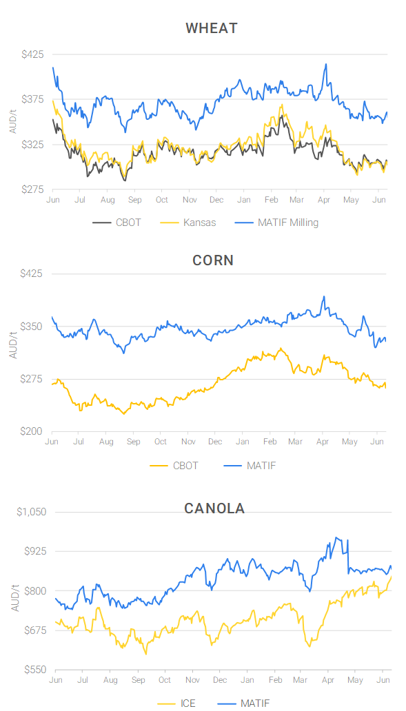Chart including Wheat CBOT prices, Wheat Black Sea prices, Canola ICE prices and Canola MATIF prices