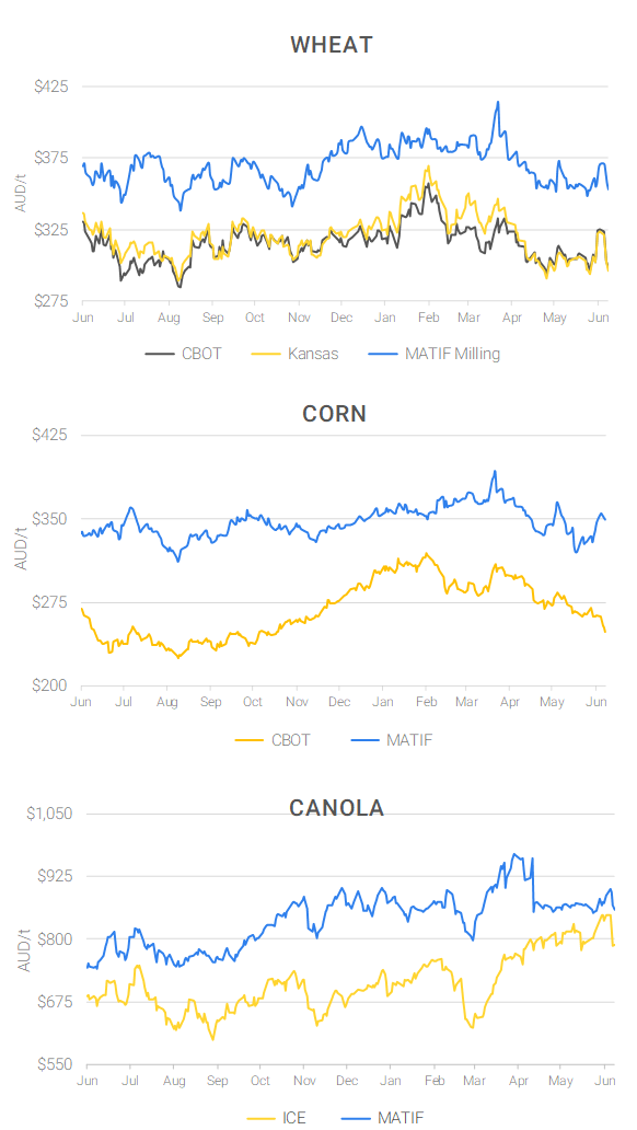 Chart including Wheat CBOT prices, Wheat Black Sea prices, Canola ICE prices and Canola MATIF prices