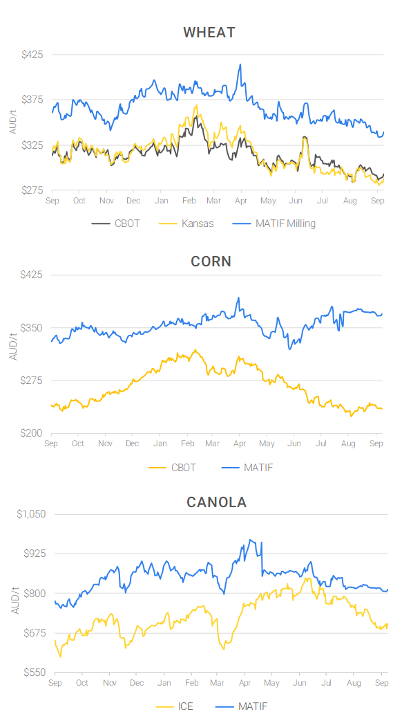 Chart including Wheat CBOT prices, Wheat Black Sea prices, Canola ICE prices and Canola MATIF prices