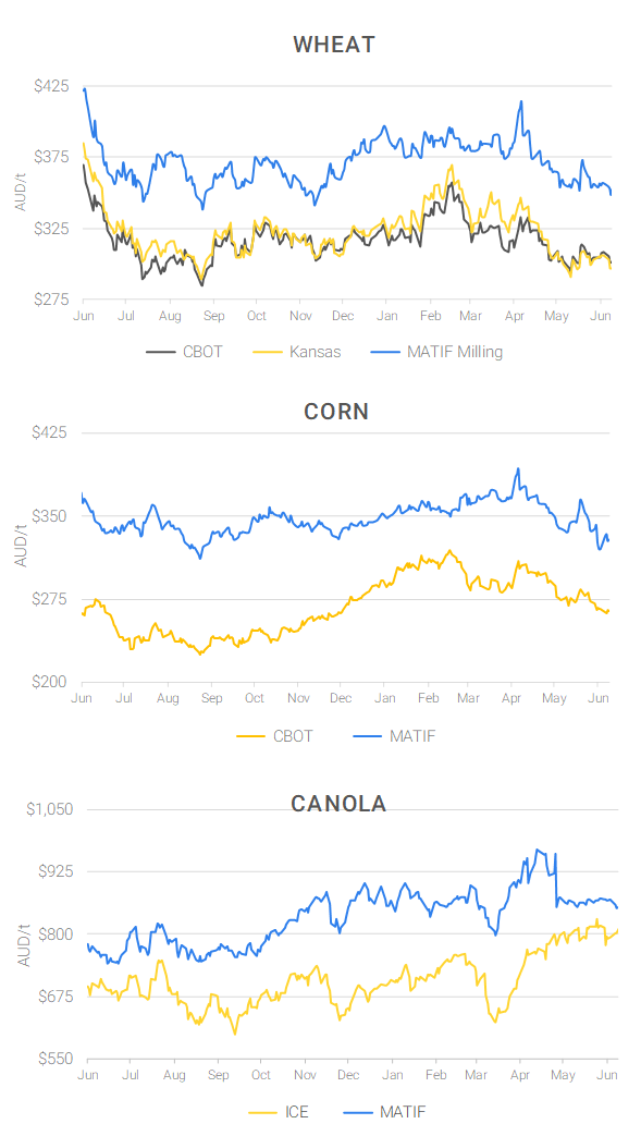 Chart including Wheat CBOT prices, Wheat Black Sea prices, Canola ICE prices and Canola MATIF prices