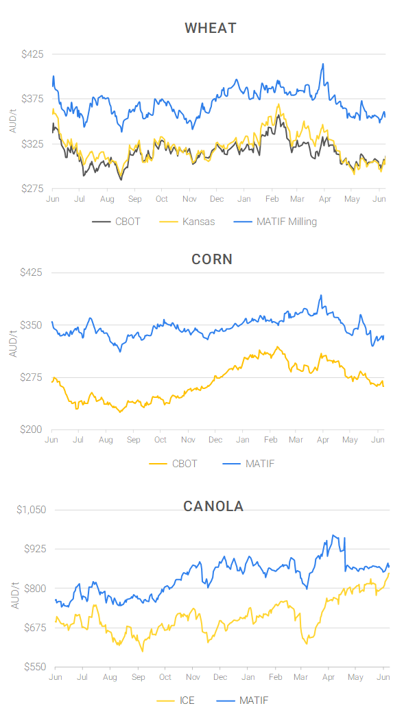 Chart including Wheat CBOT prices, Wheat Black Sea prices, Canola ICE prices and Canola MATIF prices