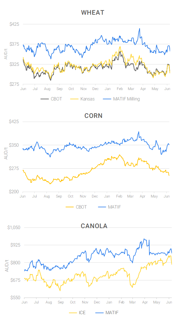 Chart including Wheat CBOT prices, Wheat Black Sea prices, Canola ICE prices and Canola MATIF prices