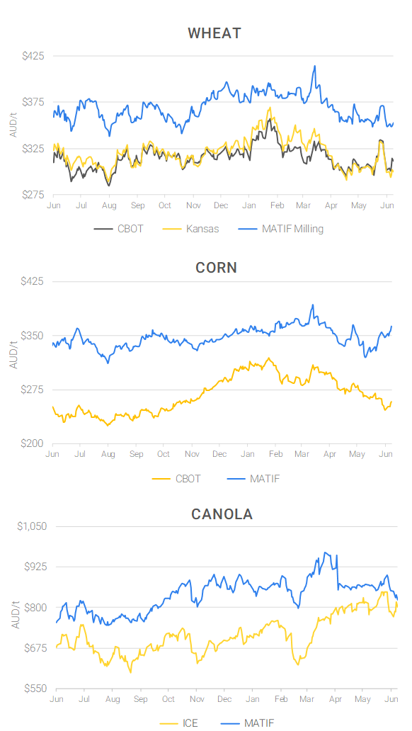 Chart including Wheat CBOT prices, Wheat Black Sea prices, Canola ICE prices and Canola MATIF prices