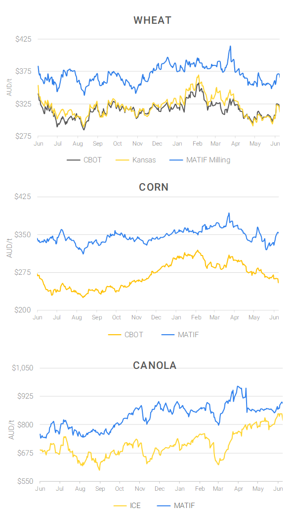 Chart including Wheat CBOT prices, Wheat Black Sea prices, Canola ICE prices and Canola MATIF prices