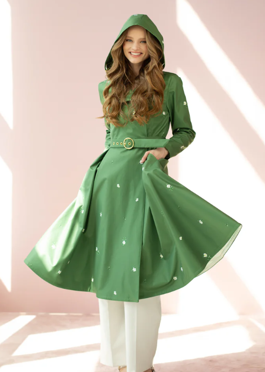 Double Breasted Trench Coat in Green with Flower Print | Primrose in Bloom