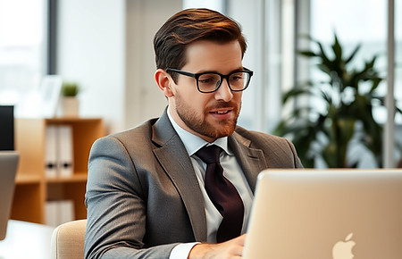 professional man in a suit looking at a laptop and talking in a office taken from far away