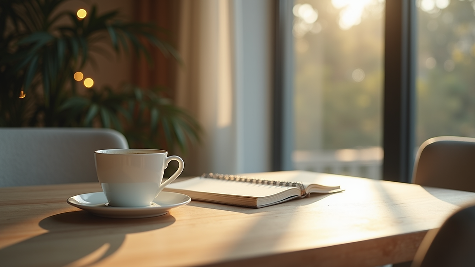 Vue rapprochée d’une table avec une tasse de thé et un carnet de notes