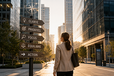 Personne face à des panneaux directionnels en ville, symbolisant la réflexion sur son parcours et ses perspectives d'évolution professionnelle.