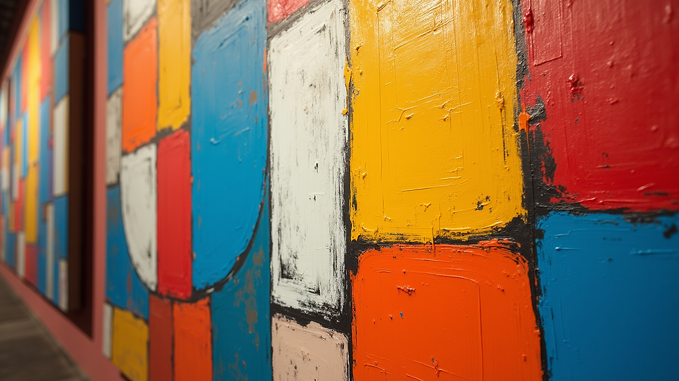 Eye-level view of a vibrant abstract painting with bold colors and dynamic shapes