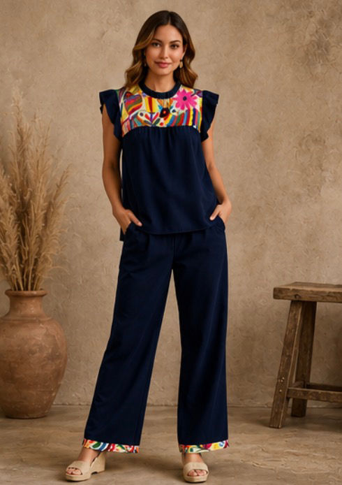 Conjunto Bordado Artesanal Azul Marino