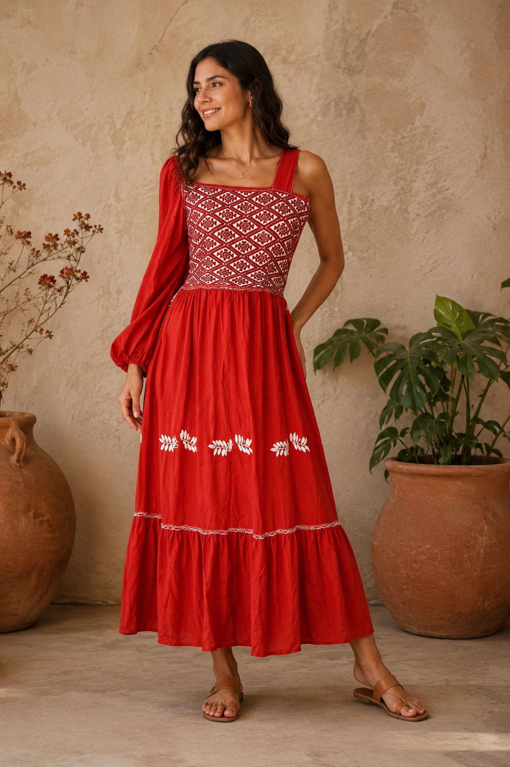 Vestido medio hombro, telar.