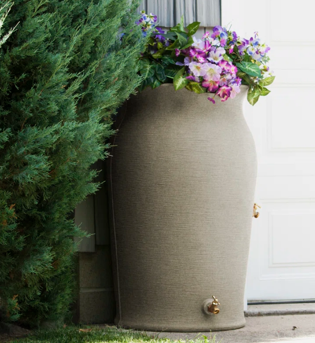 Catch water for your plants and help keep your foundation secure with this rain barrel! Crafted in the USA from plastic in the style of classic pots with an amphora silhouette. Available from Wayfair.