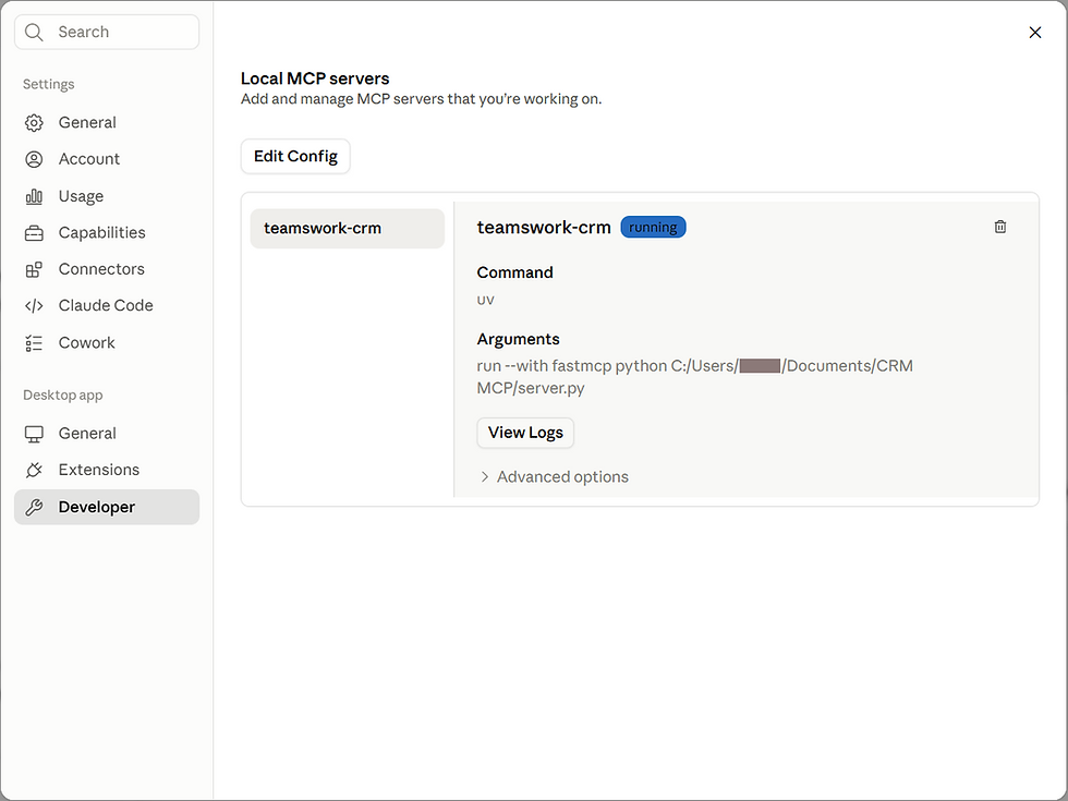 teamswork-crm server running in Developer settings