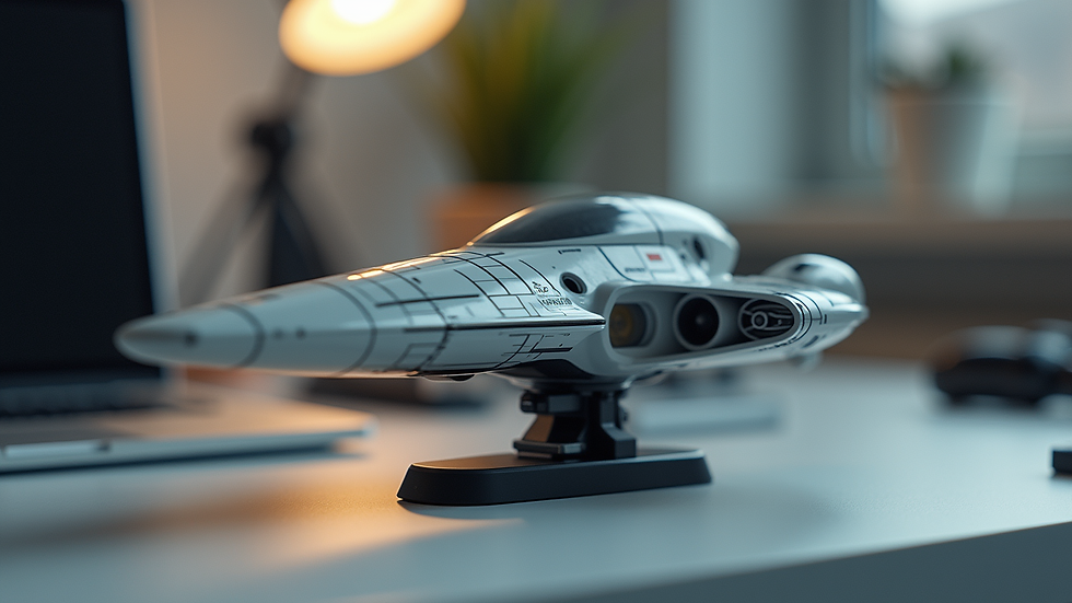 Close-up view of a futuristic spaceship model on a desk