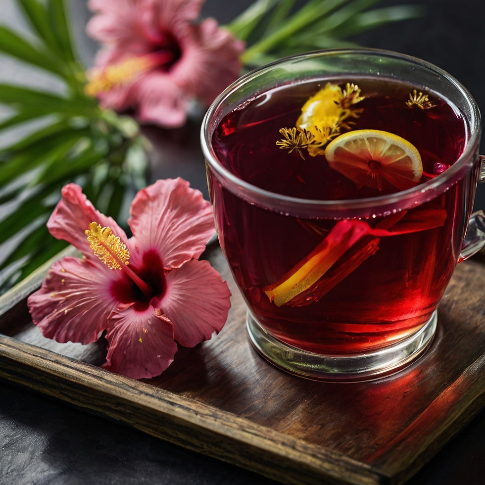 A refreshing cup of Hibiscus Lemongrass Tea at Skolnik's Bagel Bakery, rich in antioxidants and floral flavors