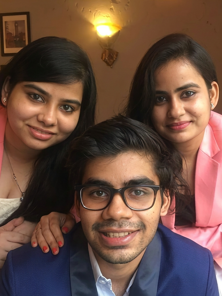 Candid photography of three young adults posing together. They appear friendly and professional.
