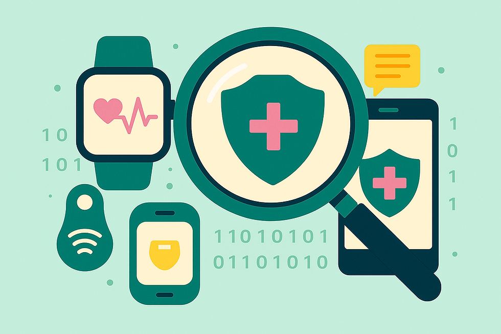 Flat-style digital illustration on a light teal background showing a magnifying glass inspecting remote monitoring devices, including a smartwatch with a heart icon, a wearable sensor, and a smartphone displaying a medical shield. The magnifying glass highlights a pink cross inside a shield, representing OIG scrutiny of remote patient monitoring and compliance risks.