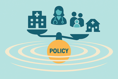 Flat-style illustration showing a large orange ‘Policy’ circle creating ripple effects across a light teal background. Above the ripples are icons representing a hospital, healthcare provider, family, and community clinic—symbolizing how policy decisions impact healthcare access and equity.