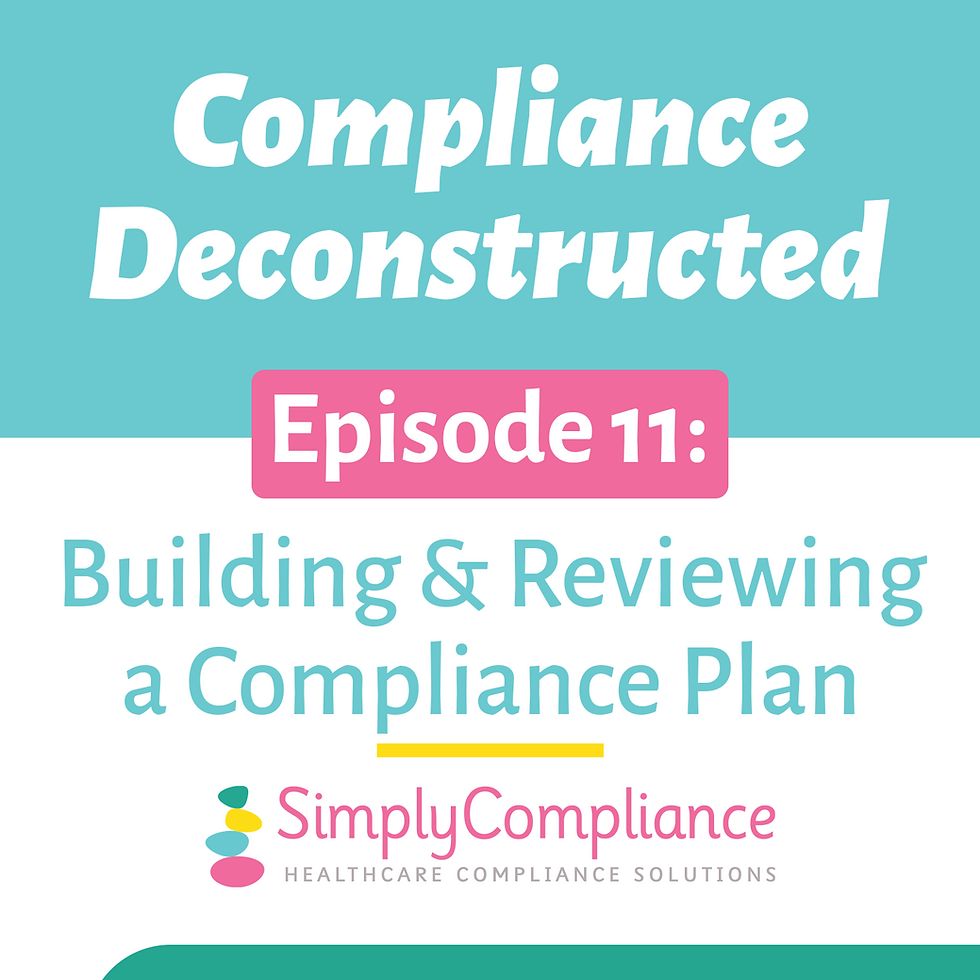 Podcast cover for Compliance Deconstructed Episode 11. The title reads “Building & Reviewing a Compliance Plan” with Simply Compliance branding in teal, pink, and white, presented in a clean, modern layout.