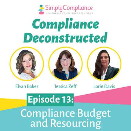 Podcast cover for Compliance Deconstructed Episode 13 titled “Compliance Budget and Resourcing.” The image features hosts Elvan Baker, Jessica Zeff, and Lorie Davis, each in circular frames with their names below. The Simply Compliance logo appears at the top, and the design uses teal, pink, yellow, and white colors in a clean, modern layout.