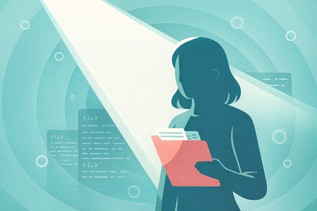 Flat-style illustration showing a female whistleblower in a softened teal palette, holding a coral folder under a spotlight. She appears in silhouette against layered circular gradients, symbolizing exposure and accountability in the Independent Health Medicare Advantage compliance case.