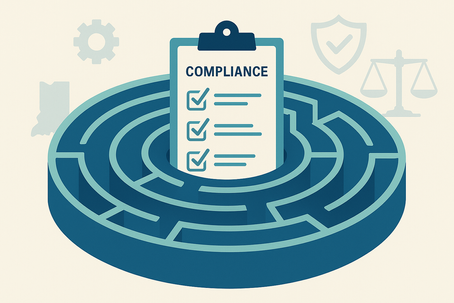 Flat-style illustration of a compliance checklist on a clipboard placed at the center of a circular maze. The maze is surrounded by icons representing a gear, a scale, and a shield, set against a soft beige background—symbolizing the complex and nuanced path of Medicaid compliance under new CMS oversight.