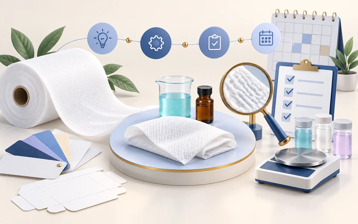 Illustration of private label wet wipes development: nonwoven selection, formulation samples, packaging and planning