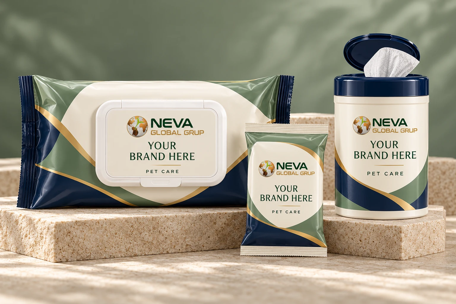 Pet care wipes in flowpack, pocket pack and canister formats — Neva Global private label packaging concepts with Your Brand Here labels