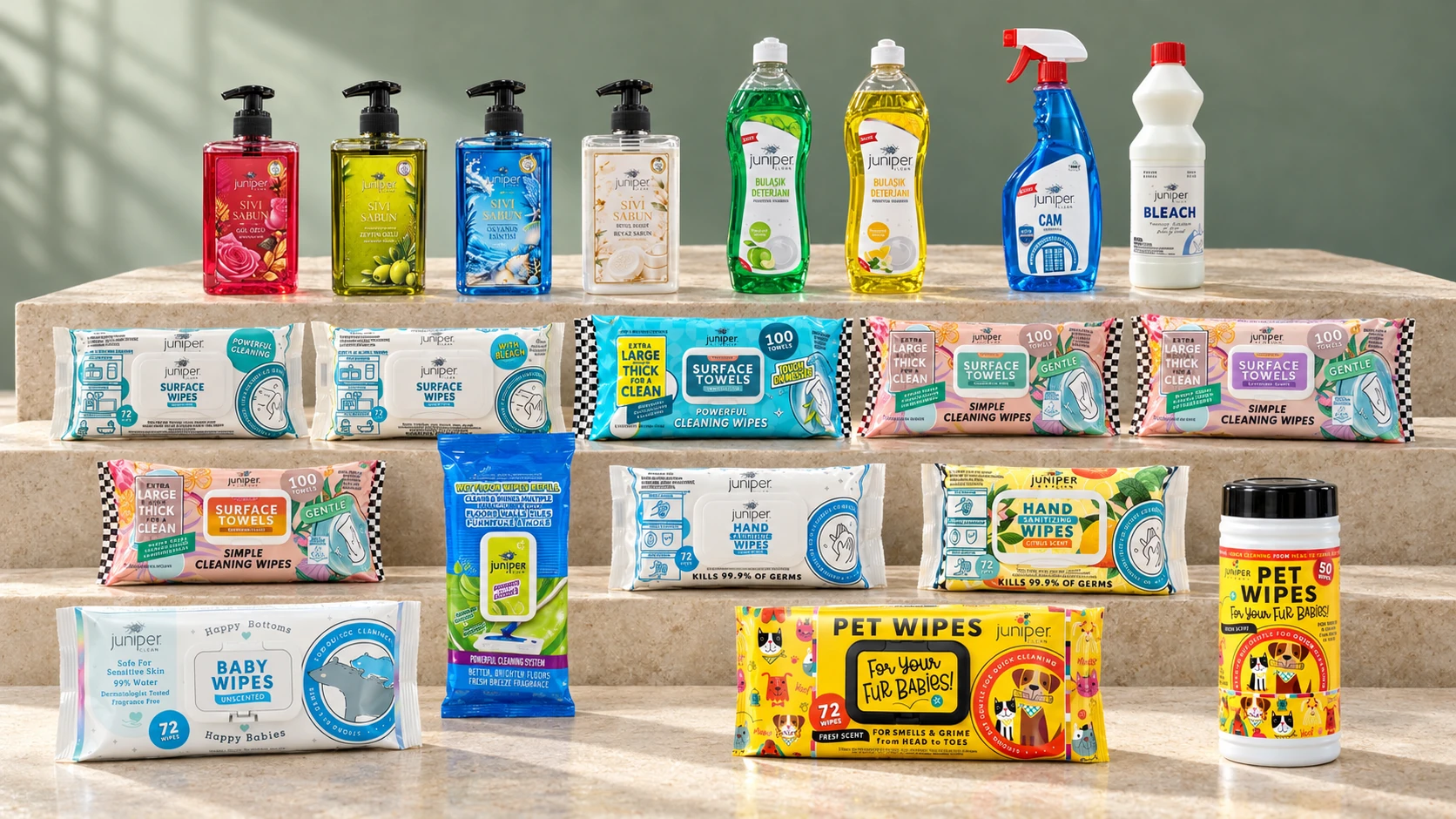 Juniper Clean product family with new surface towels, floor wipes, hand wipes, baby and pet wipes, liquid soaps and household cleaners
