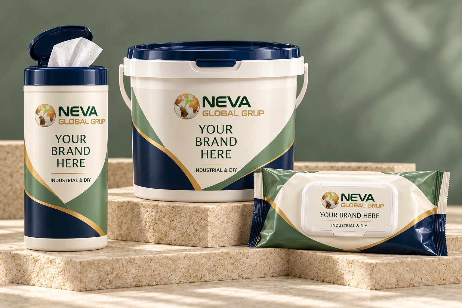 Industrial and DIY heavy duty wipes in canister, bucket and flowpack formats — Neva Global private label packaging concepts with Your Brand Here labels