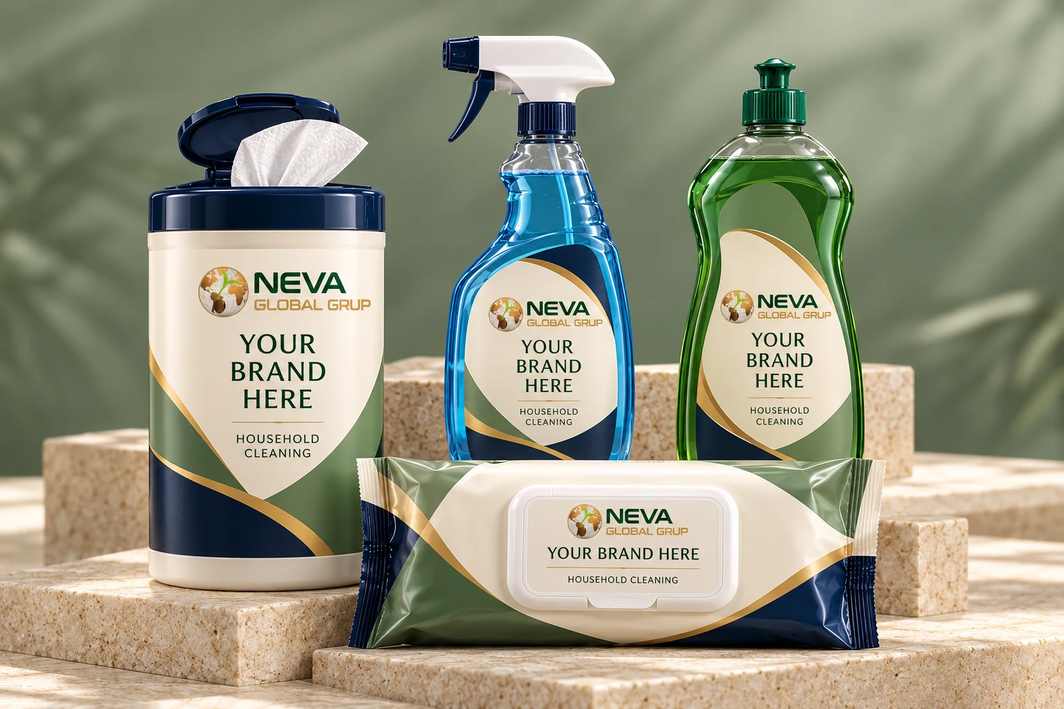 Surface wipes, glass cleaner spray and liquid household cleaner — Neva Global private label packaging concepts with Your Brand Here labels